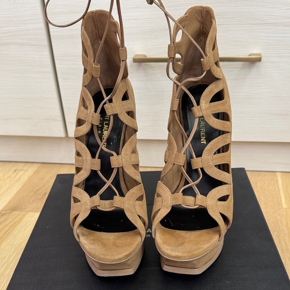 Saint Laurent Tribute 105mm Lace-Up Heels – Chamois Suede – Size 38 - Picture 13 of 16